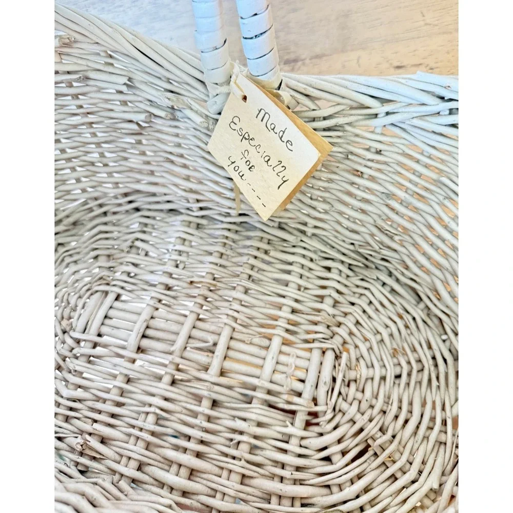 Decorative Wicker Basket White Handle Floral Shabby Granny Vintage Coquette